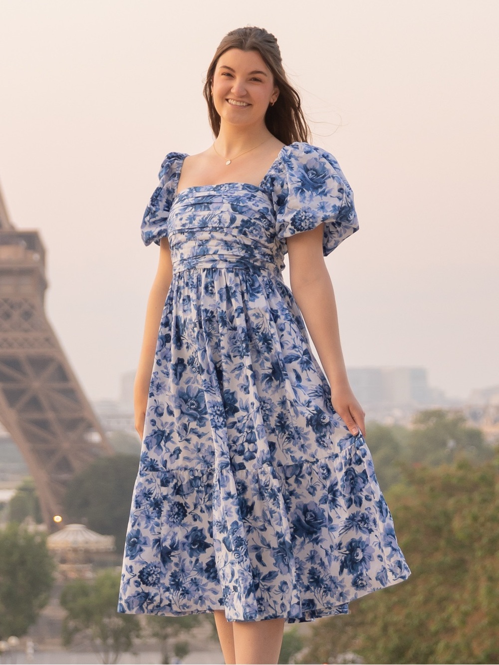 Abercrombie & Fitch Blue Floral Puff-Sleeve Midi Dress